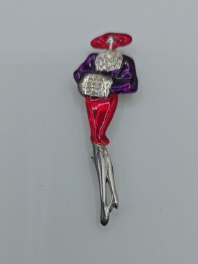 Louis Stern Signed L-S Art Deco Lady In Red Hat with Rhinestones Pin Brooch